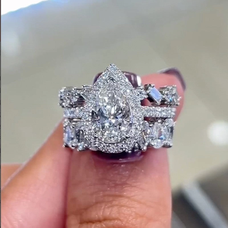 2.2 Carat Halo Pear Cut Wedding Ring Set With Two Luxurious Wedding Bands Glam Finish