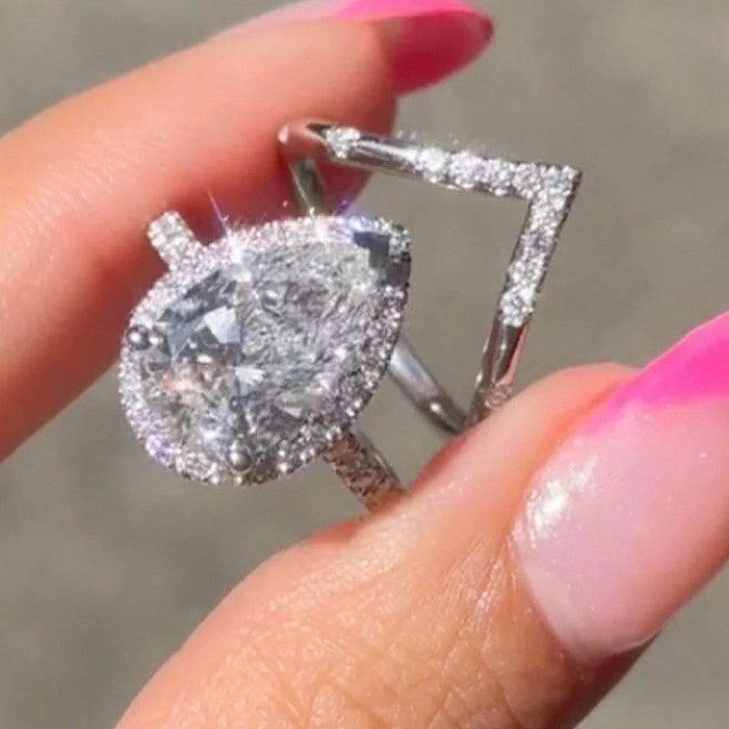 2.2Ct Halo Pear Cut Wedding Ring Set Travel Ring With Curved Wedding Band Bright Sparkle