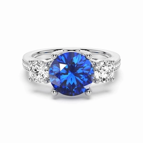 2.5 CT. Classic Blue Sapphire and White Sapphire Three Stone Ring Fashion Muse Timeless Design