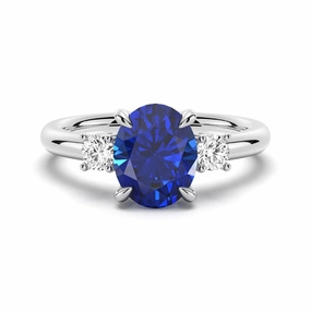 2 CT. Oval Blue Sapphire and White Sapphire Three Stone Ring Fresh Feature Timeless Presence