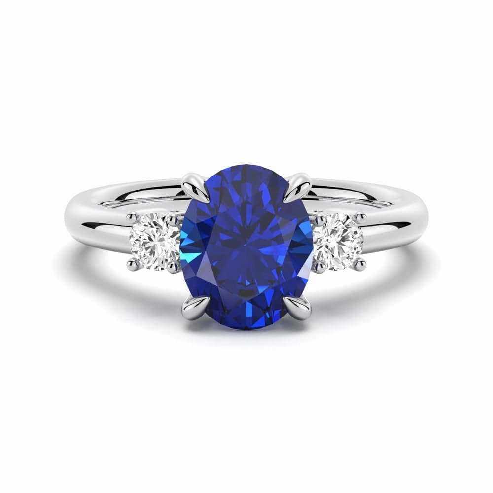 2 CT. Oval Blue Sapphire and White Sapphire Three Stone Ring Lush Accent Fall Mood