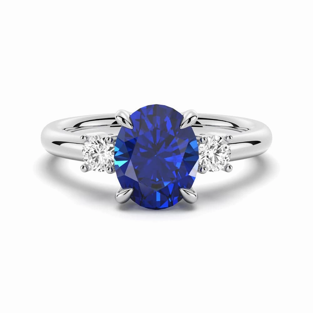 2 CT. Oval Blue Sapphire and White Sapphire Three Stone Ring Bold Form Special Style