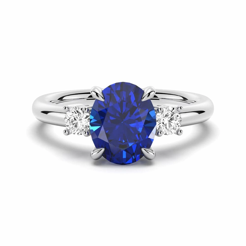 2 CT. Oval Blue Sapphire and White Sapphire Three Stone Ring Fresh Feature Timeless Presence