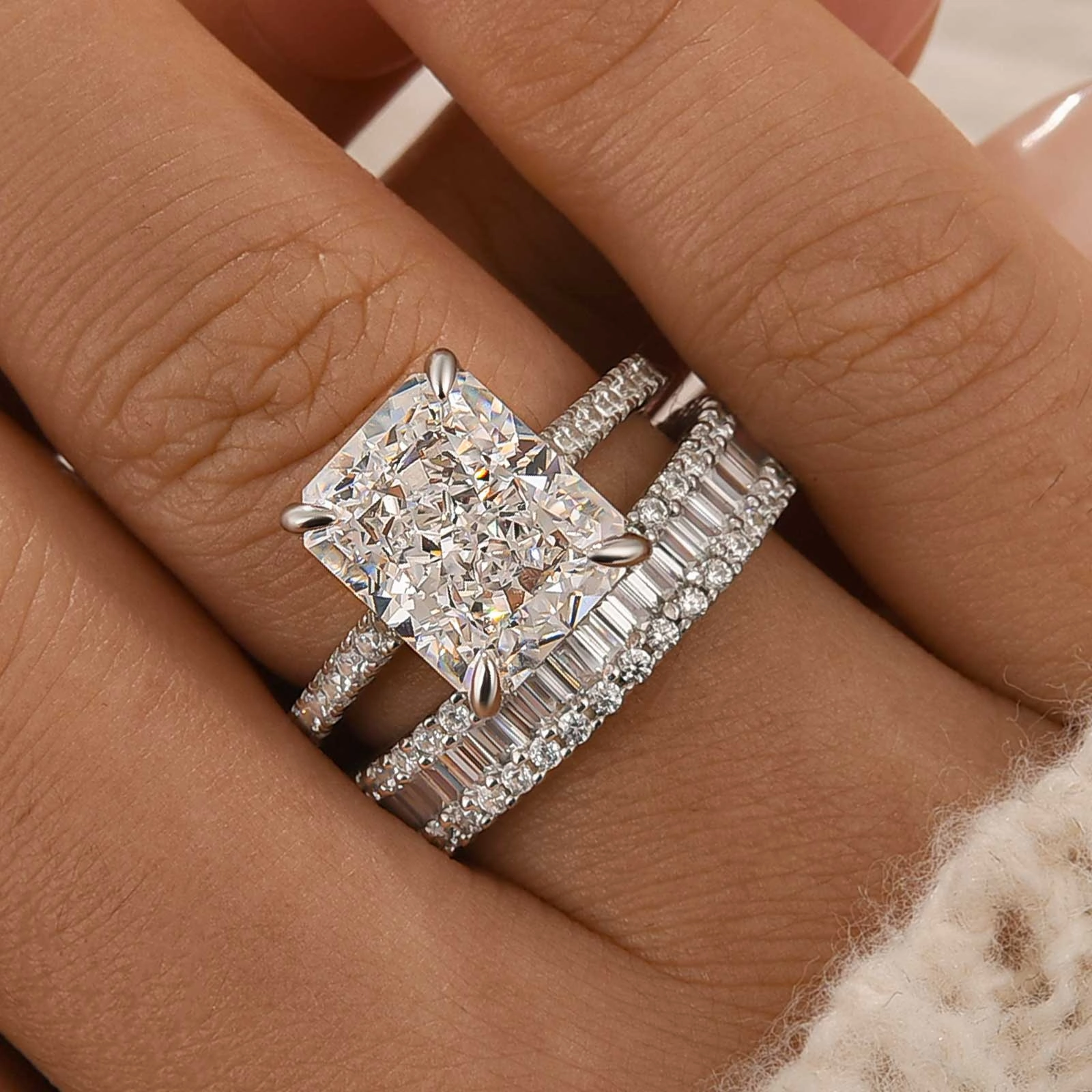 Effortless Glam Brilliant Accent 2PC Wedding Ring Set 5.0Ct Radiant Cut White Gold Pav?? Engagement Rings With Emerald Cut Wedding Band