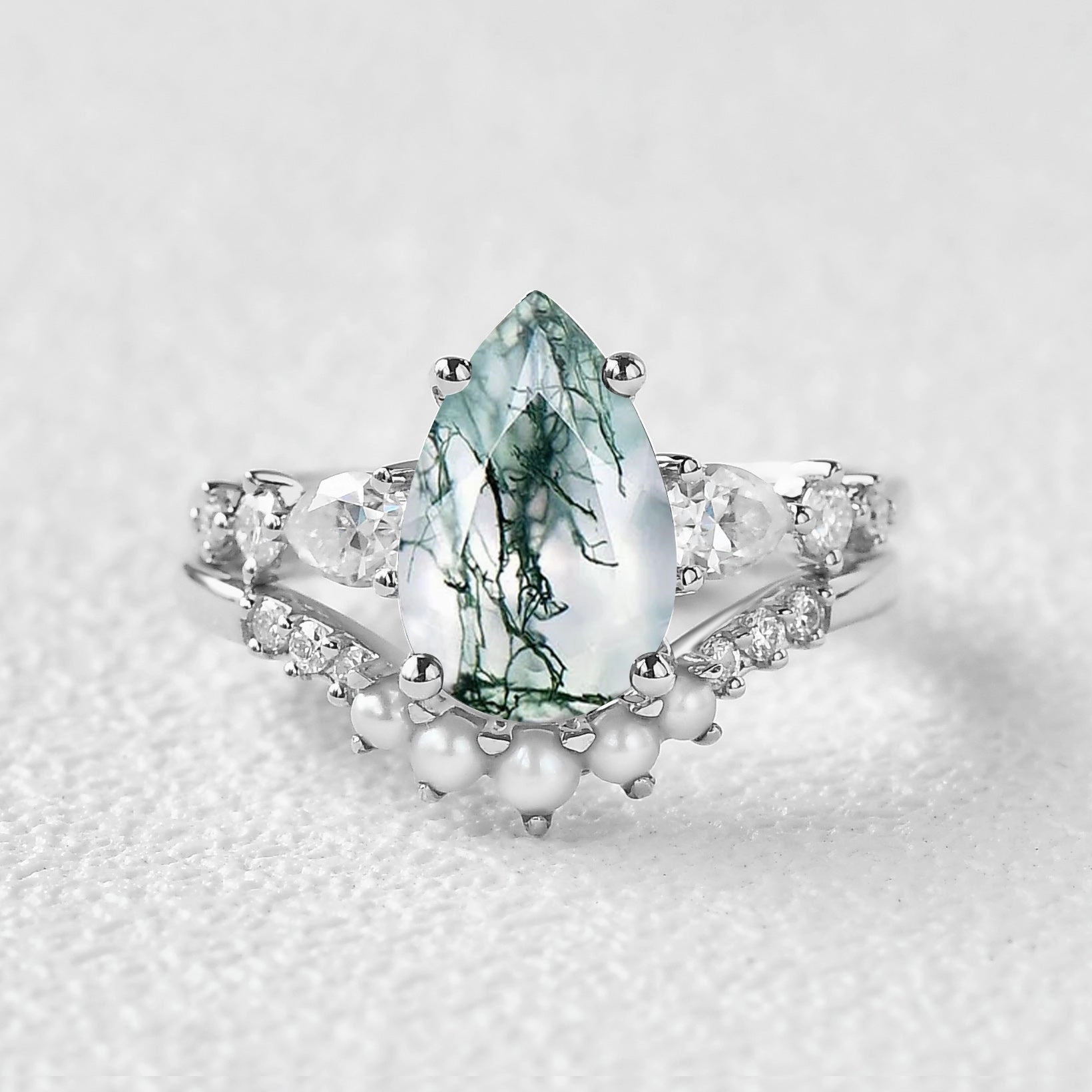 Elegant accessory 3.0ct Pear Shaped Moss Agate & Pearl Bridal Ring Set 2pcs