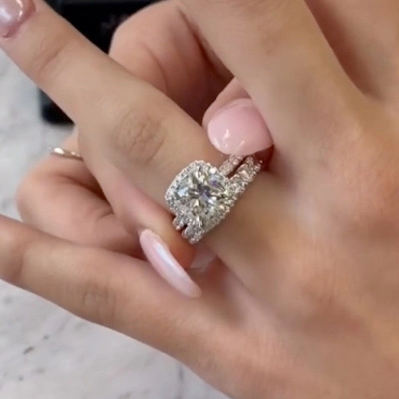 Layered Spark Effortless Chic 3.5 Carat Cushion Cut Halo Engagement Ring Wedding Ring Set In Sterling Silver