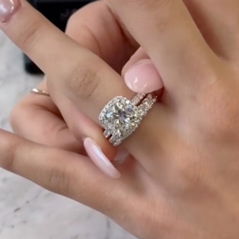 3.5 Carat Cushion Cut Halo Engagement Ring Wedding Ring Set In Sterling Silver Sophisticated Shape Refined Element