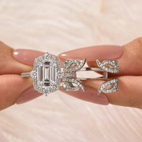 Brilliant Detail 3.5Ct Emerald Cut Halo Engagement Ring Insert Wedding Ring Set With Engagement Ring Enhancer