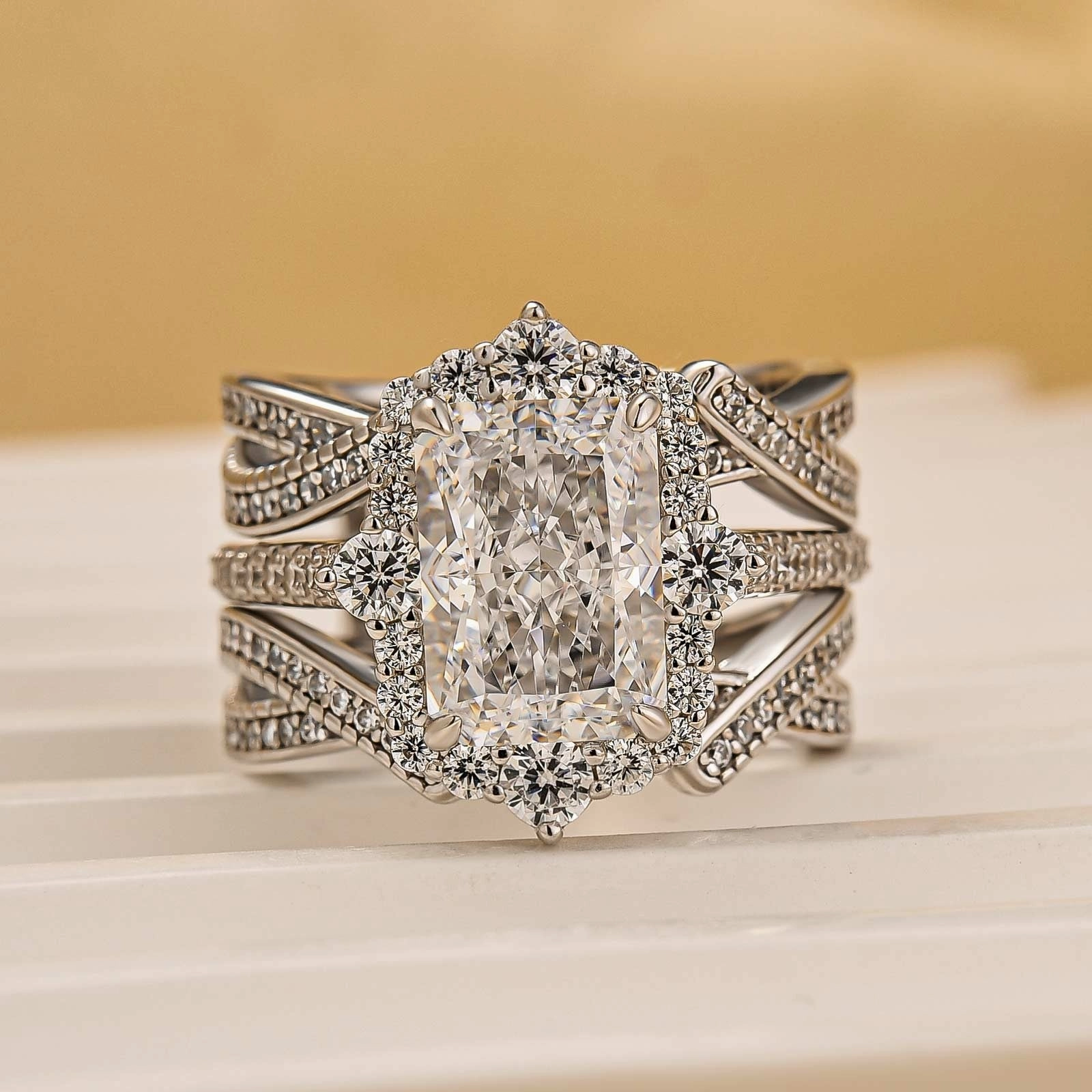 Classic Spark 3.5Ct Halo Radiant Cut Insert Wedding Ring Set With Engagement Ring Enhancer