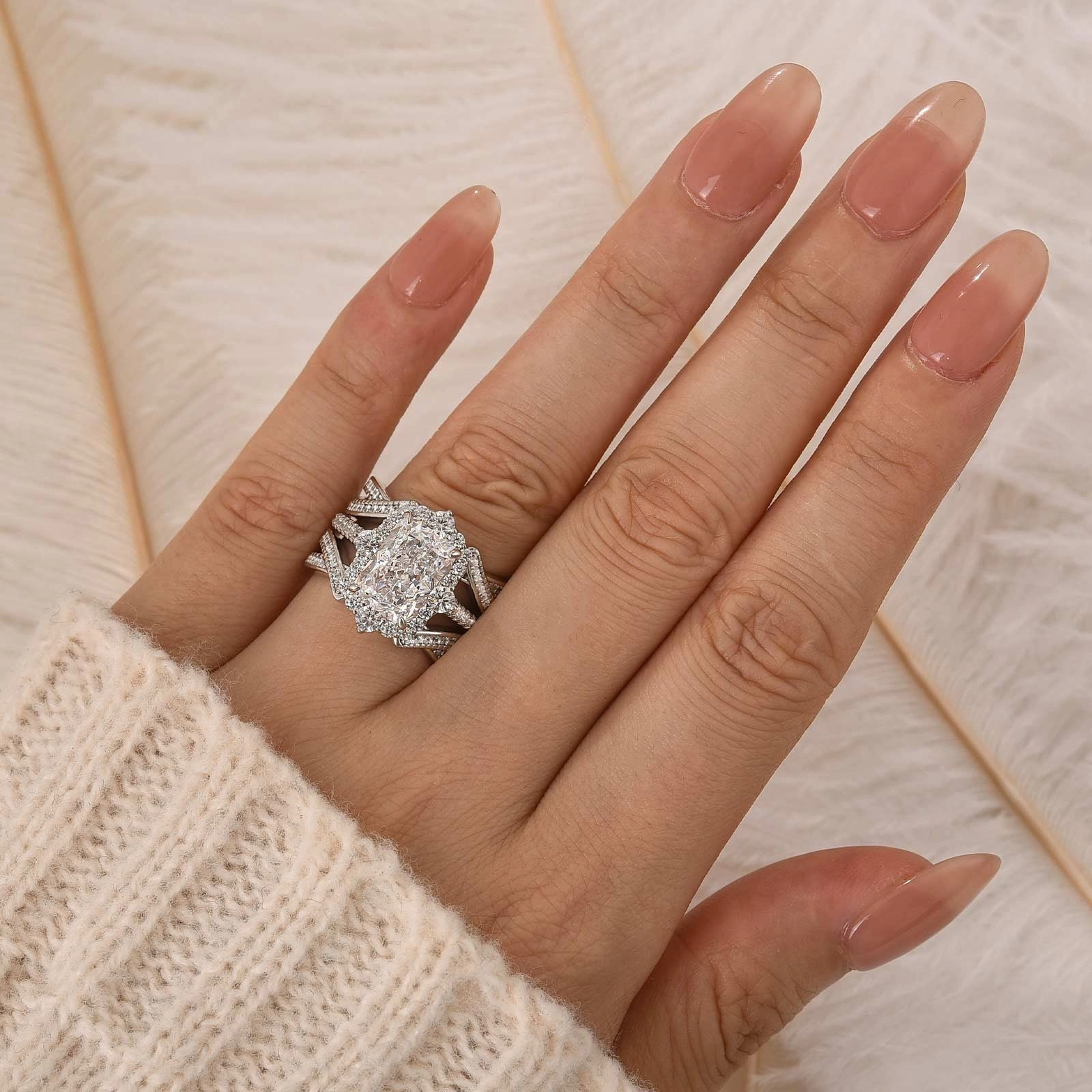 3.5Ct Halo Radiant Cut Insert Wedding Ring Set With Engagement Ring Enhancer Dressed Up Look