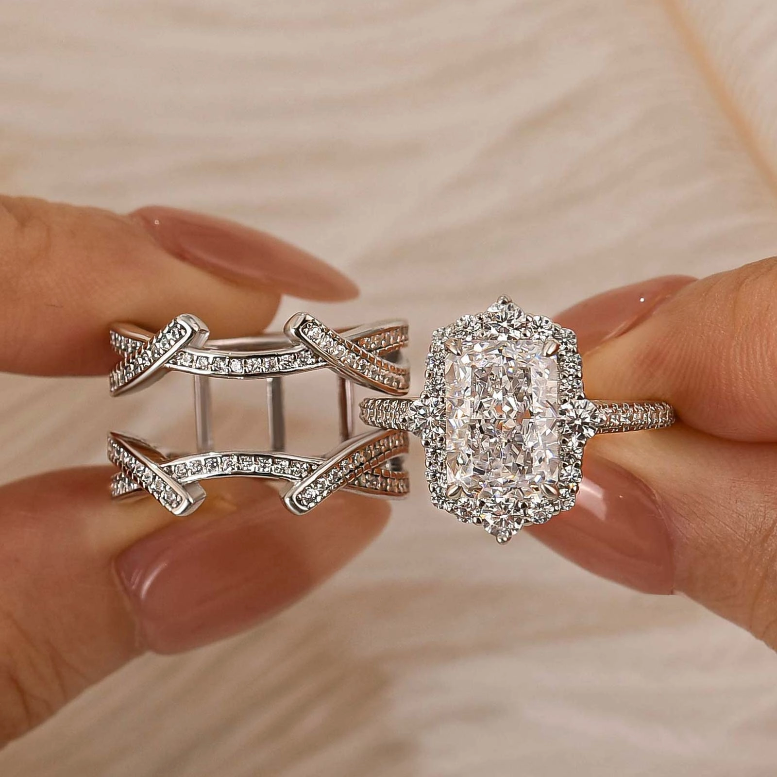 3.5Ct Halo Radiant Cut Insert Wedding Ring Set With Engagement Ring Enhancer Stylish Flow Luxury Design Pieces