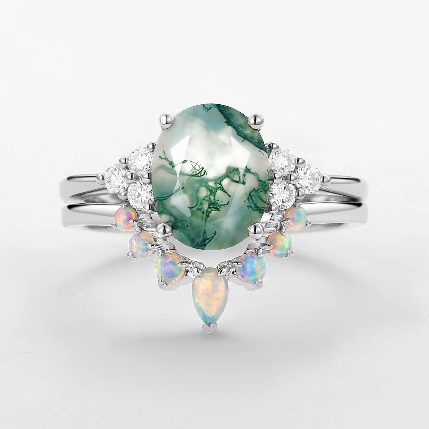 3.5CT Oval Cut Moss Agate & Natural Opal Cluster Gold Ring Set 2pcs - Aurora Feminine Accent