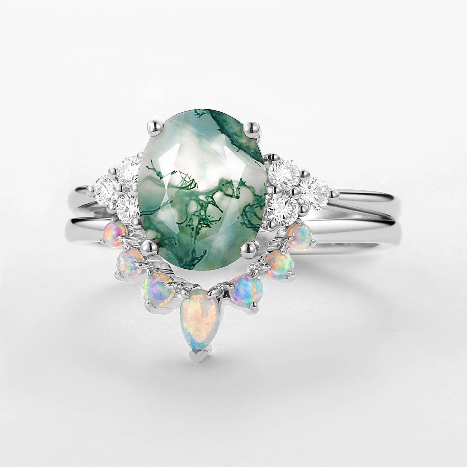 Exclusive Edge Quiet Grace 3.5CT Oval Cut Moss Agate & Natural Opal Cluster Gold Ring Set 2pcs - Aurora
