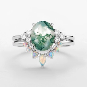 3.5CT Oval Cut Moss Agate & Natural Opal Cluster Gold Ring Set 2pcs - Aurora Feminine Accent