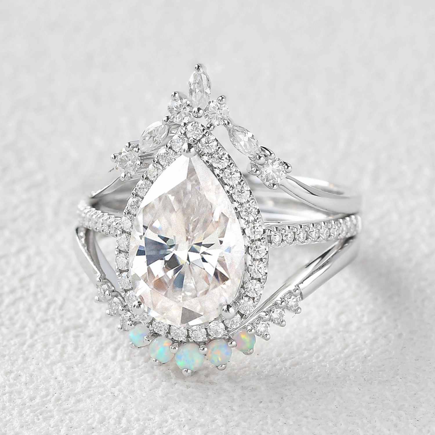 3.5ct Pear Shaped Moissanite Inspired Ring Set 3pcs Bold Layering Finest Touch