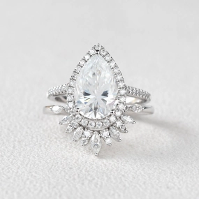 Handcrafted Touch 3.5ct Pear Shaped Moissanite White Gold Halo Ring Set 2pcs