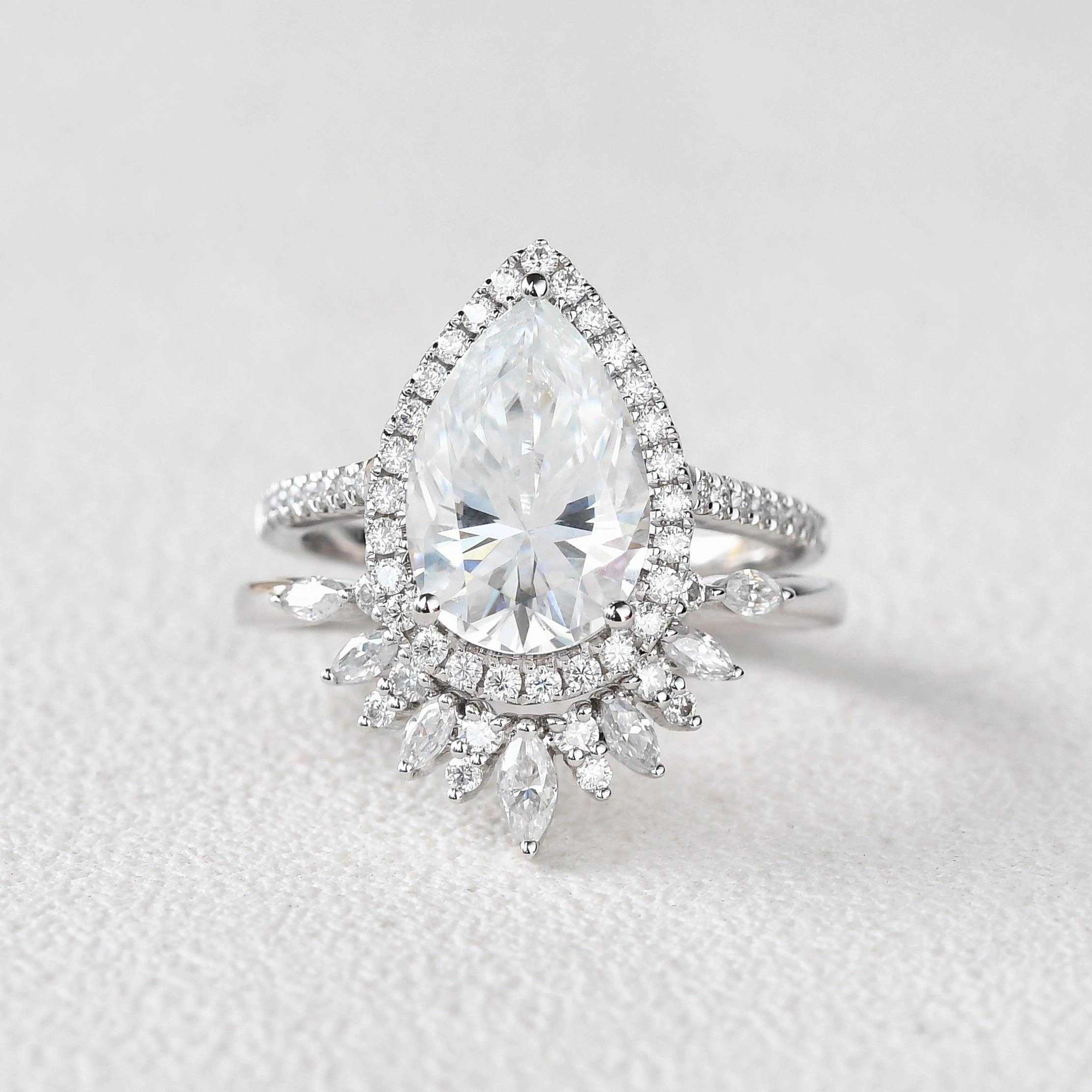 Handcrafted Touch 3.5ct Pear Shaped Moissanite White Gold Halo Ring Set 2pcs
