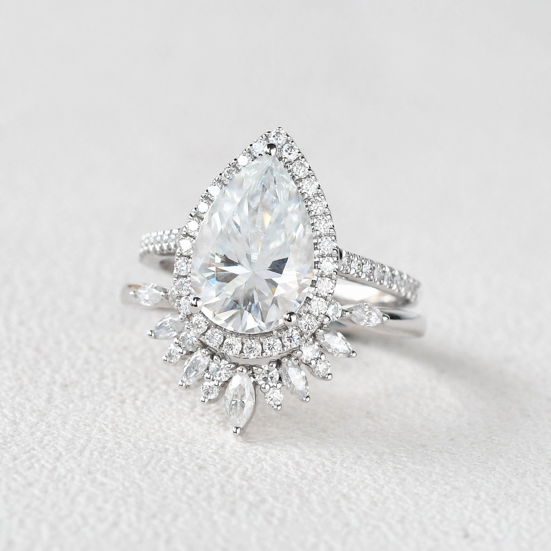 Bold Craft Monochrome Mood 3.5ct Pear Shaped Moissanite White Gold Halo Ring Set 2pcs
