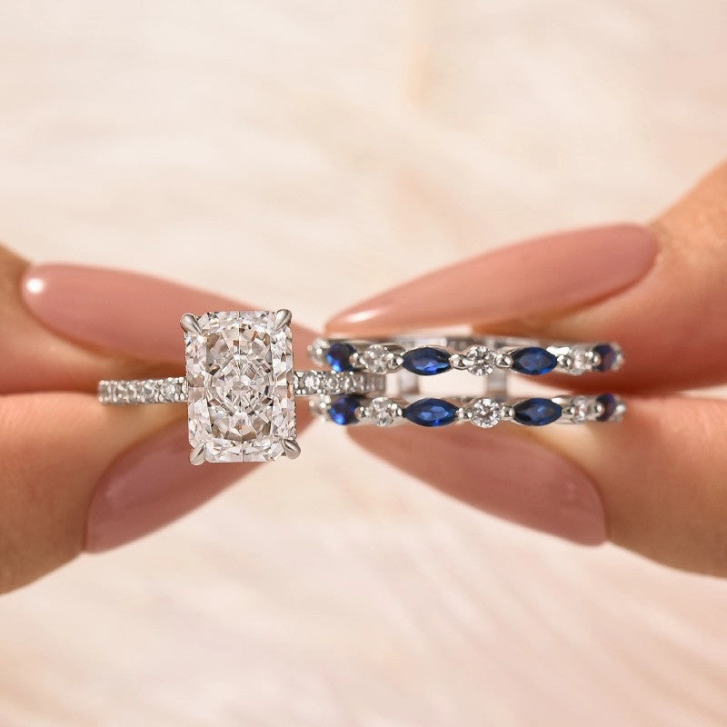 Casual Glow Polished Layer 3.5Ct Radiant Cut Insert Wedding Ring Set With Blue & White Stone Engagement Ring Enhancer