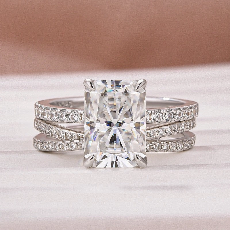 Premium Quality 3.5Ct Radiant Cut White Gold Moissanite Diamond Wedding Ring with Criss Cross Band