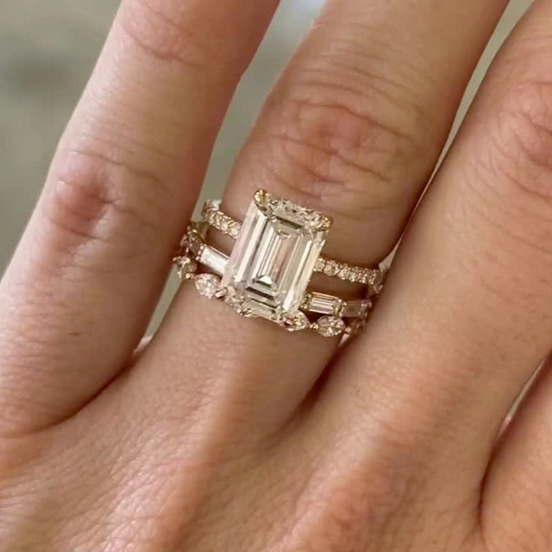 Bold Pieces Design Travel Mood 3PC 3.5Ct Emerald Cut Wedding Ring Set Travel Rings