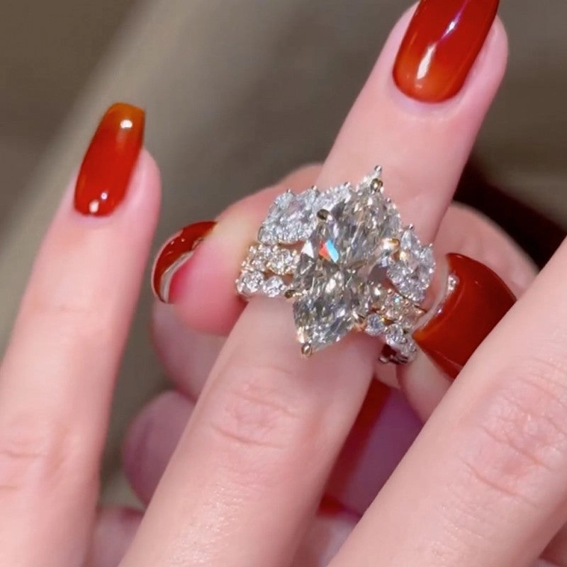 Natural Look 3PC 4.0Ct Marquise Cut Wedding Ring Set With Crown Curved Wedding Band & Classic Wedding Band