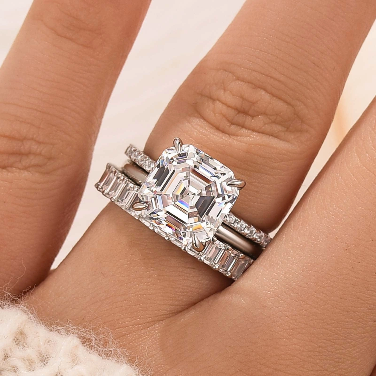 Vintage Mood 3PC 5.0 Carat Asscher Cut Wedding Ring Set With Classic Wedding Bands