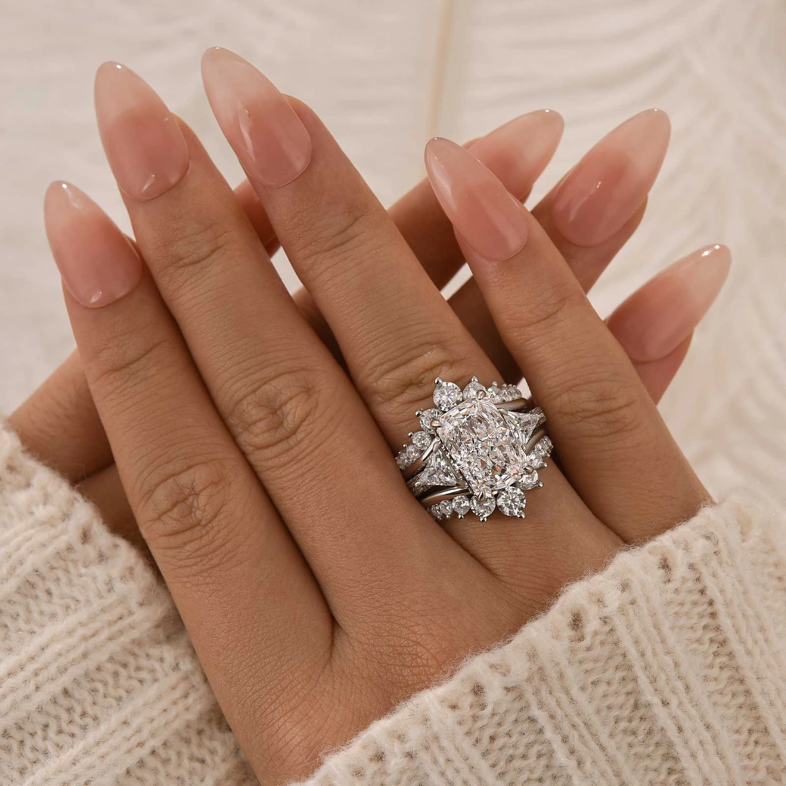 Refined Gifts Sleek Edge 3PC Wedding Ring Set 5.0Ct Radiant Cut White Gold Side Stone Engagement Rings With 2PC Pav?? Jacket Wedding Band