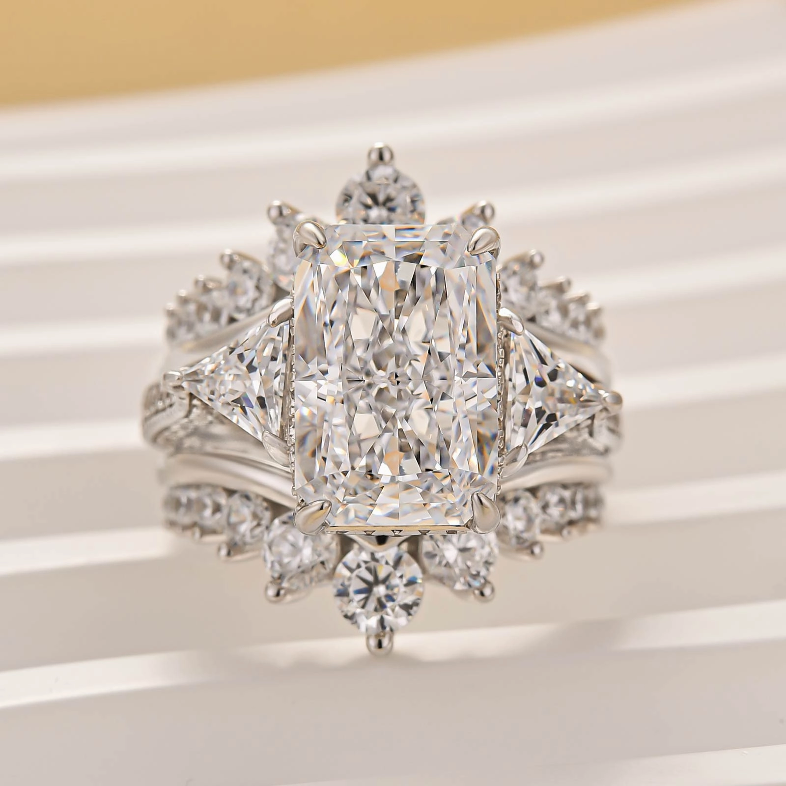 Natural Sparkle 3PC Wedding Ring Set 5.0Ct Radiant Cut White Gold Side Stone Engagement Rings With 2PC Pav?? Jacket Wedding Band