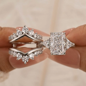 3PC Wedding Ring Set 5.0Ct Radiant Cut White Gold Side Stone Engagement Rings With 2PC Pav?? Jacket Wedding Band Work Accent