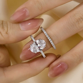 Premium Piece Trendy Layers 4.0 Carat Oval Cut Wedding Ring Set With Classic Half Wedding Band