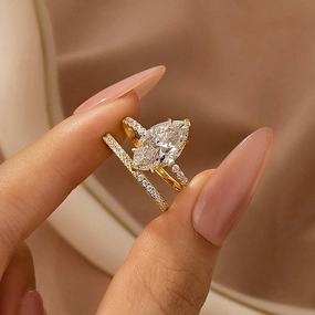 Inspired Touch 4.0Ct Marquise Cut Wedding Ring Set Travel Ring With Classic Wedding Band