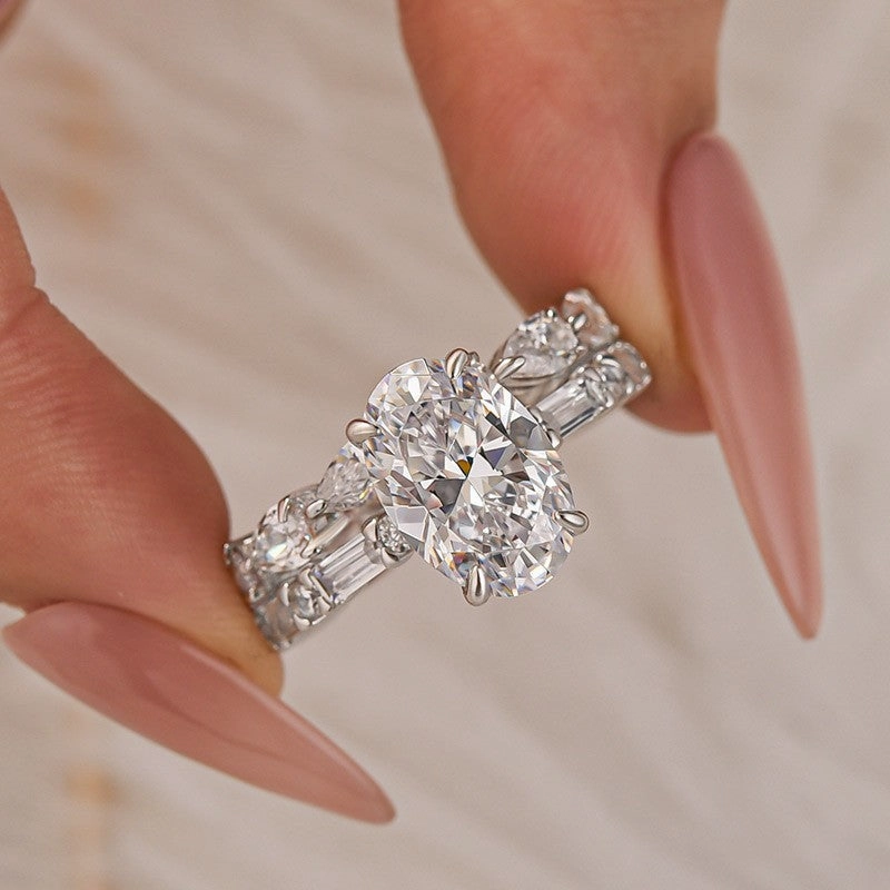 Sophisticated Pieces 4.0Ct Oval Cut Travel Ring With Eternity Pear Cut Wedding Band