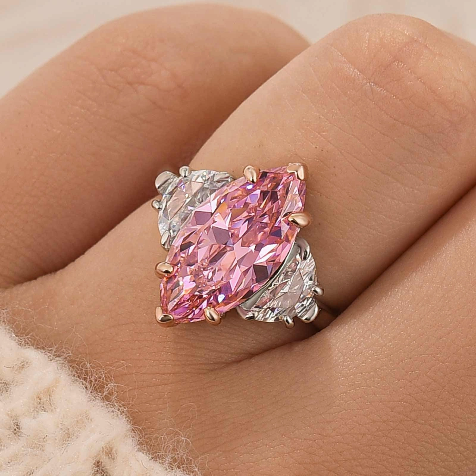 Pure Form 4.0Ct Pink Marquise Cut Three Stone Engagement Ring Travel Ring In Sterling Silver