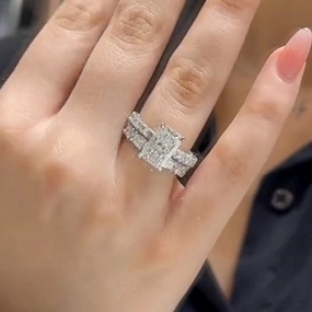 Chic Contour Luxury Design Pieces 4.0Ct Radiant Cut Wedding Ring Set With Emerald Cut Wedding Band