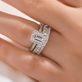 4.5Ct Emerald Cut Wedding Ring Set With Emerald Cut Wedding Band Polished Lines Exclusive Detail