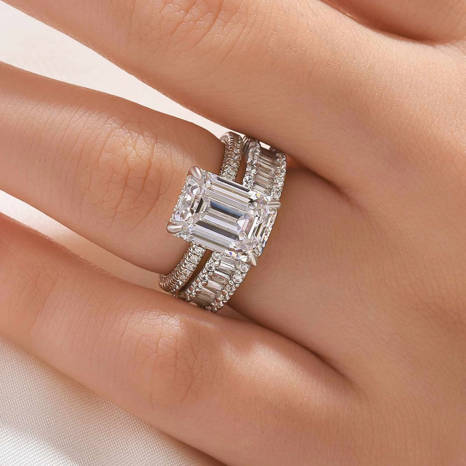 4.5Ct Emerald Cut Wedding Ring Set With Emerald Cut Wedding Band Polished Lines Exclusive Detail