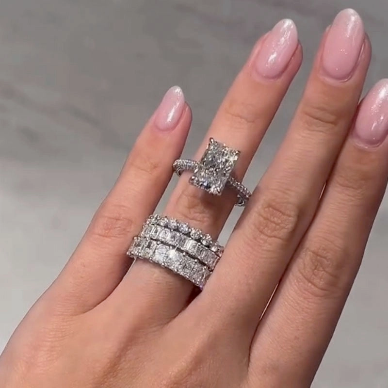 Bold Design 4PC 5.0Ct Radiant Cut Wedding Ring Set With Luxe Wedding Bands