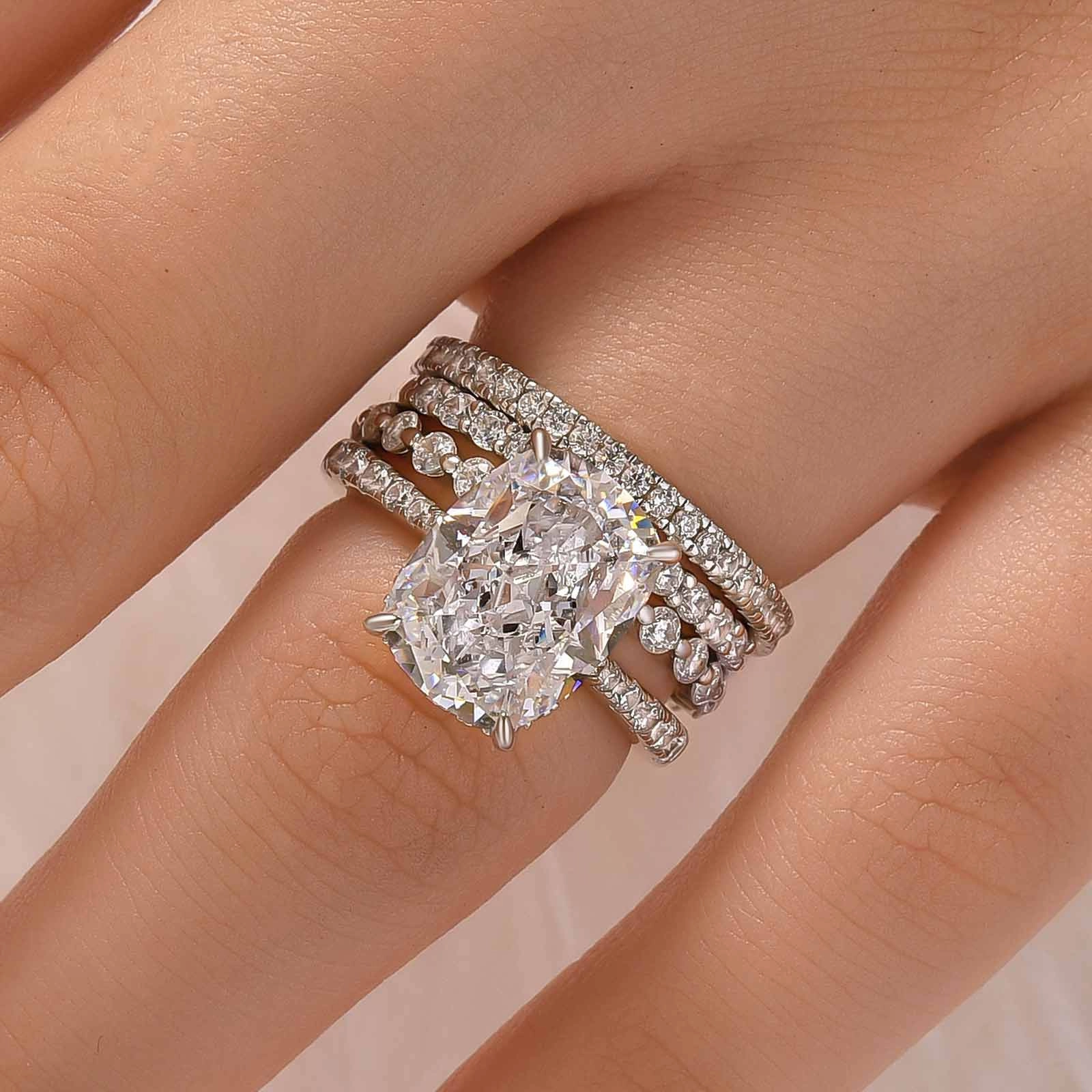 4PC 6.5Ct Cushion Cut Wedding Ring Set With Three Classic Wedding Bands Casual Charm Impressive Craft