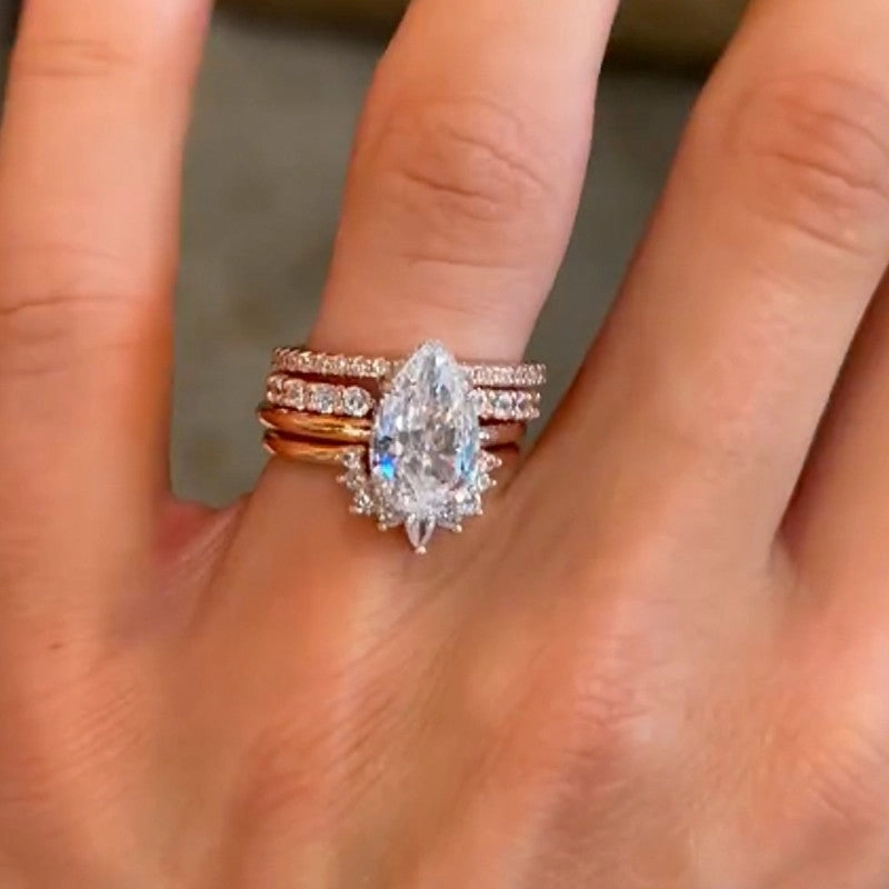 4PC Vintage 4.0Ct Pear Cut Wedding Ring Set Travel Rings In Sterling Silver Exclusive Gifts