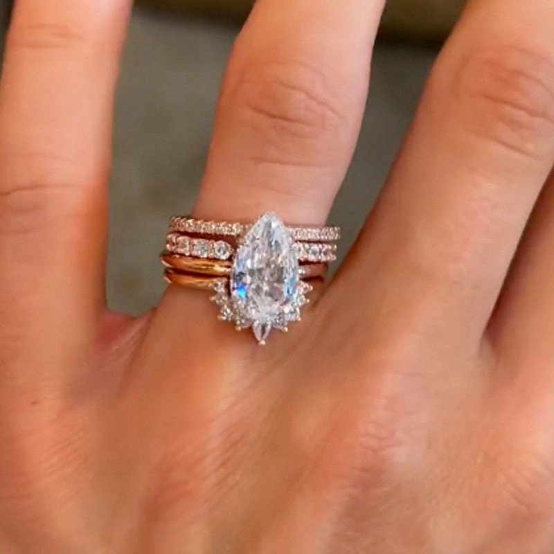 4PC Vintage 4.0Ct Pear Cut Wedding Ring Set Travel Rings In Sterling Silver Instant Edge