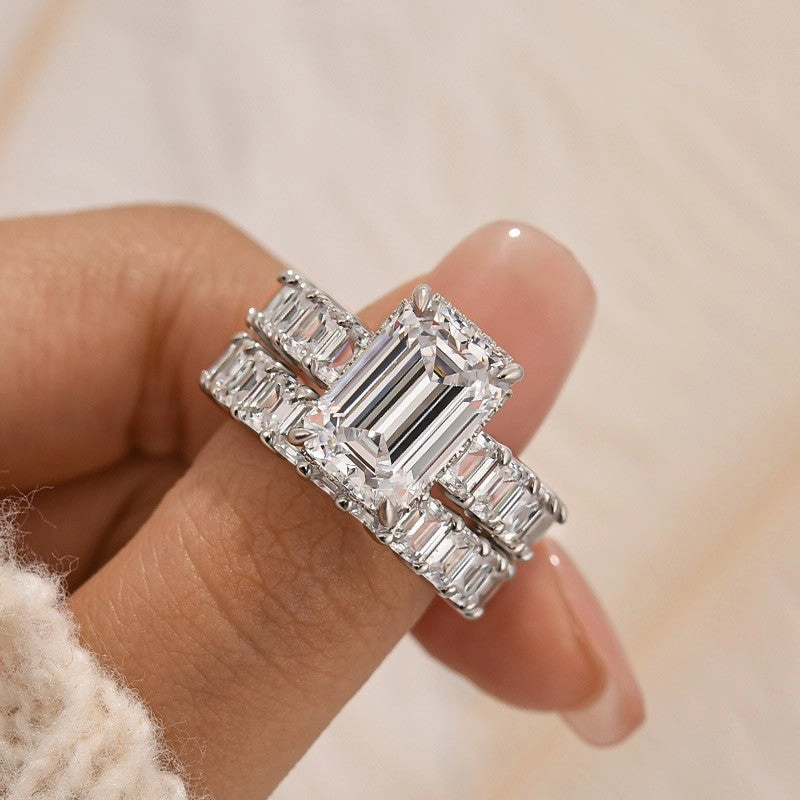5.0Ct Emerald Cut Engagement Ring With 3.5Ct Emerald Cut Women's Wedding Band Petite Glam