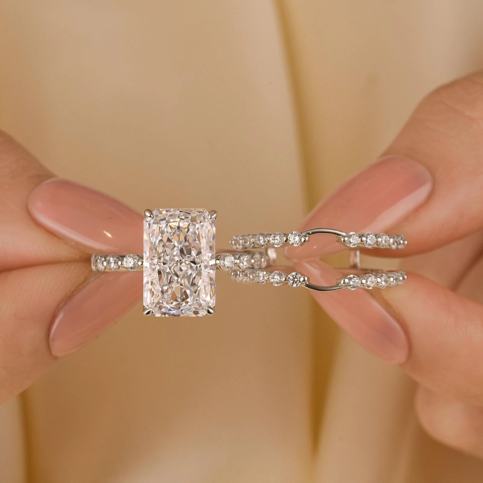 Graceful Appeal Cool Detail 5.0Ct Radiant Cut Insert Wedding Ring Set With Jacket Wedding Band