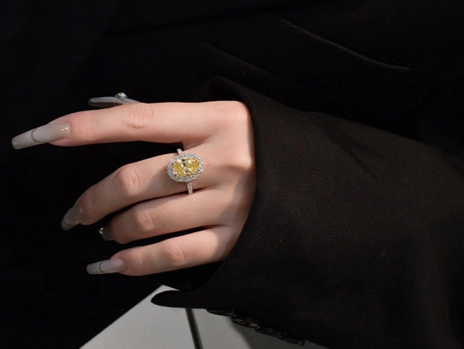 Exclusive Embellishment Glam Choice 5.6 Carat Lemon Yellow Oval Diamond Ring in 925 Sterling Silver