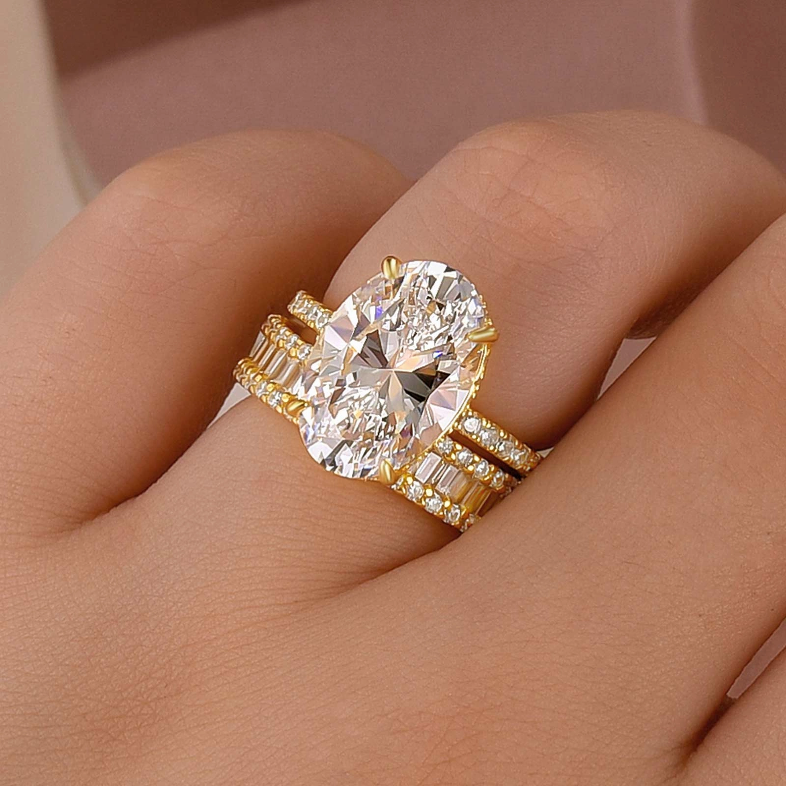 6.0Ct Oval Cut Wedding Ring Set Travel Ring With Emerald Cut Wedding Band Modern Glow