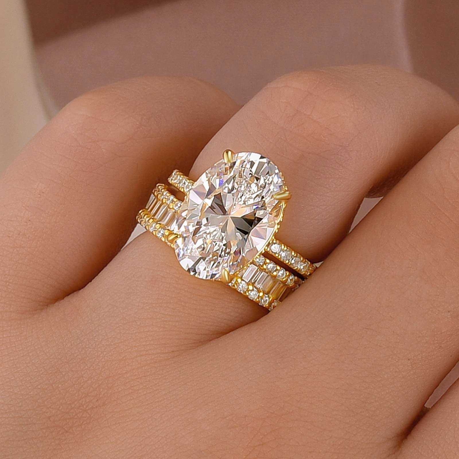 elegant curve Glam Focus 6.0Ct Oval Cut Wedding Ring Set Travel Ring With Emerald Cut Wedding Band