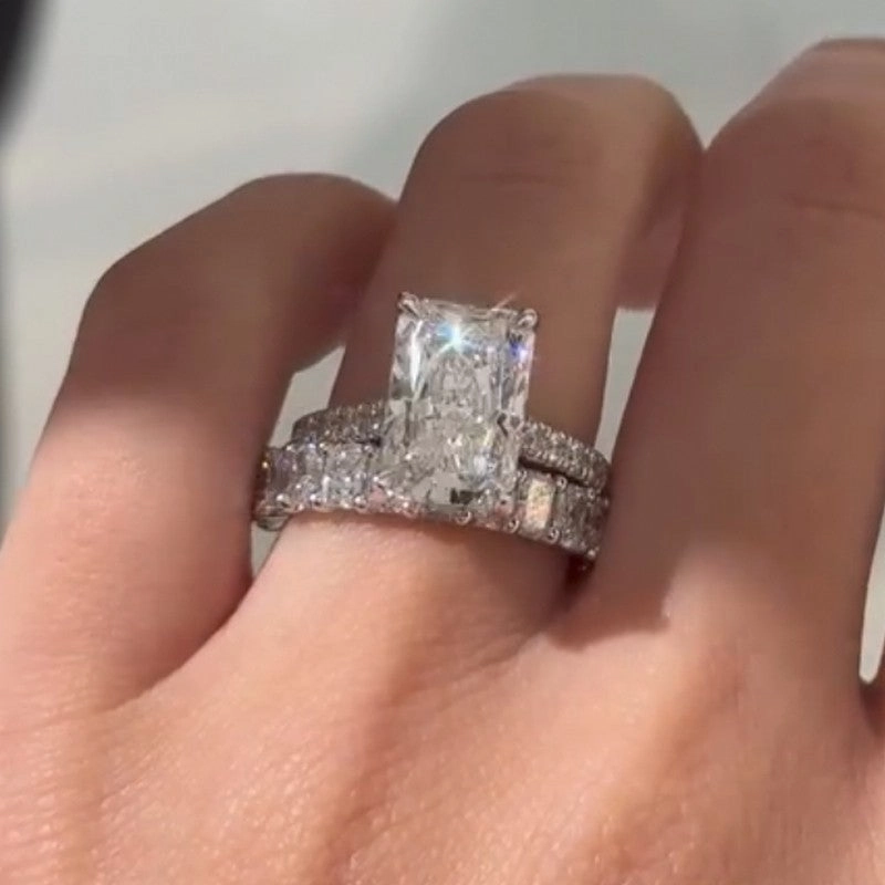 Glossy Detail 7.0Ct Radiant Cut Wedding Ring Set With Luxe Radiant Cut Wedding Band
