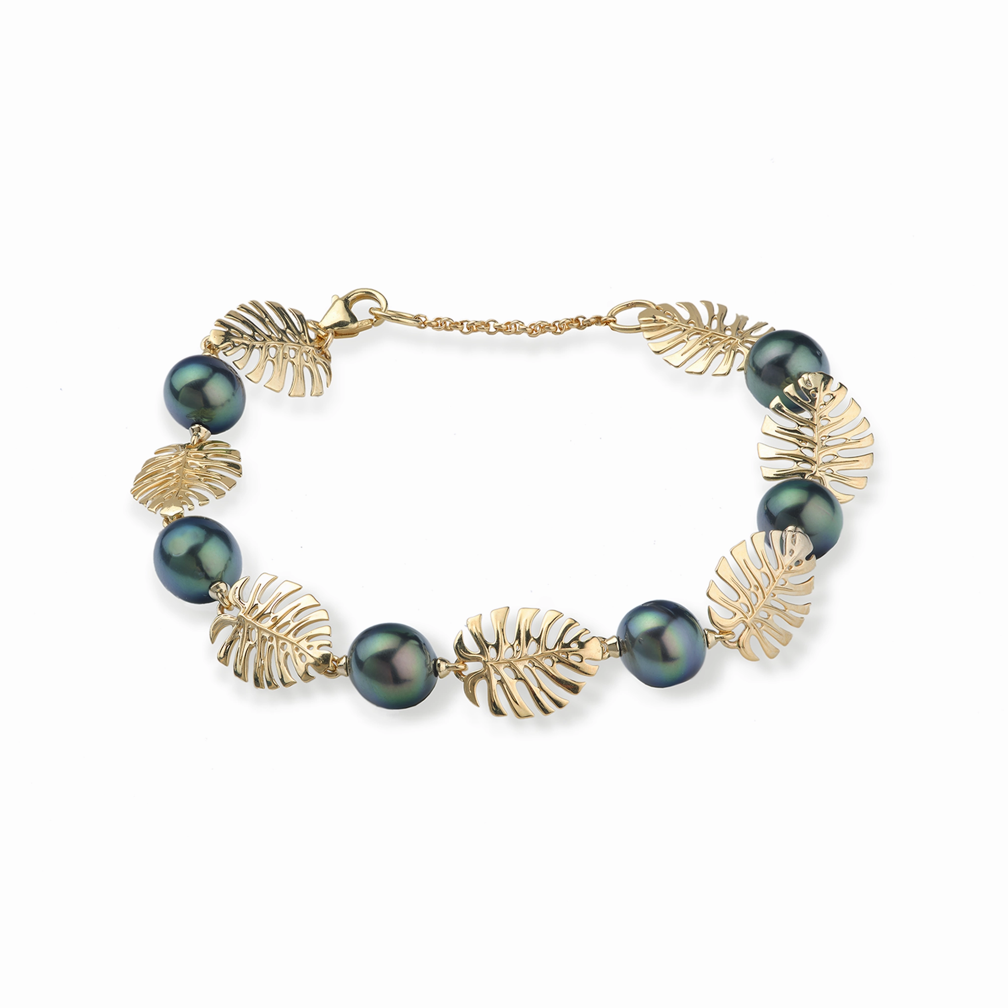 Borderless Fashion 7.5-8.5" Adjustable Monstera Tahitian Black Pearl Bracelet in Gold - 8-9mm