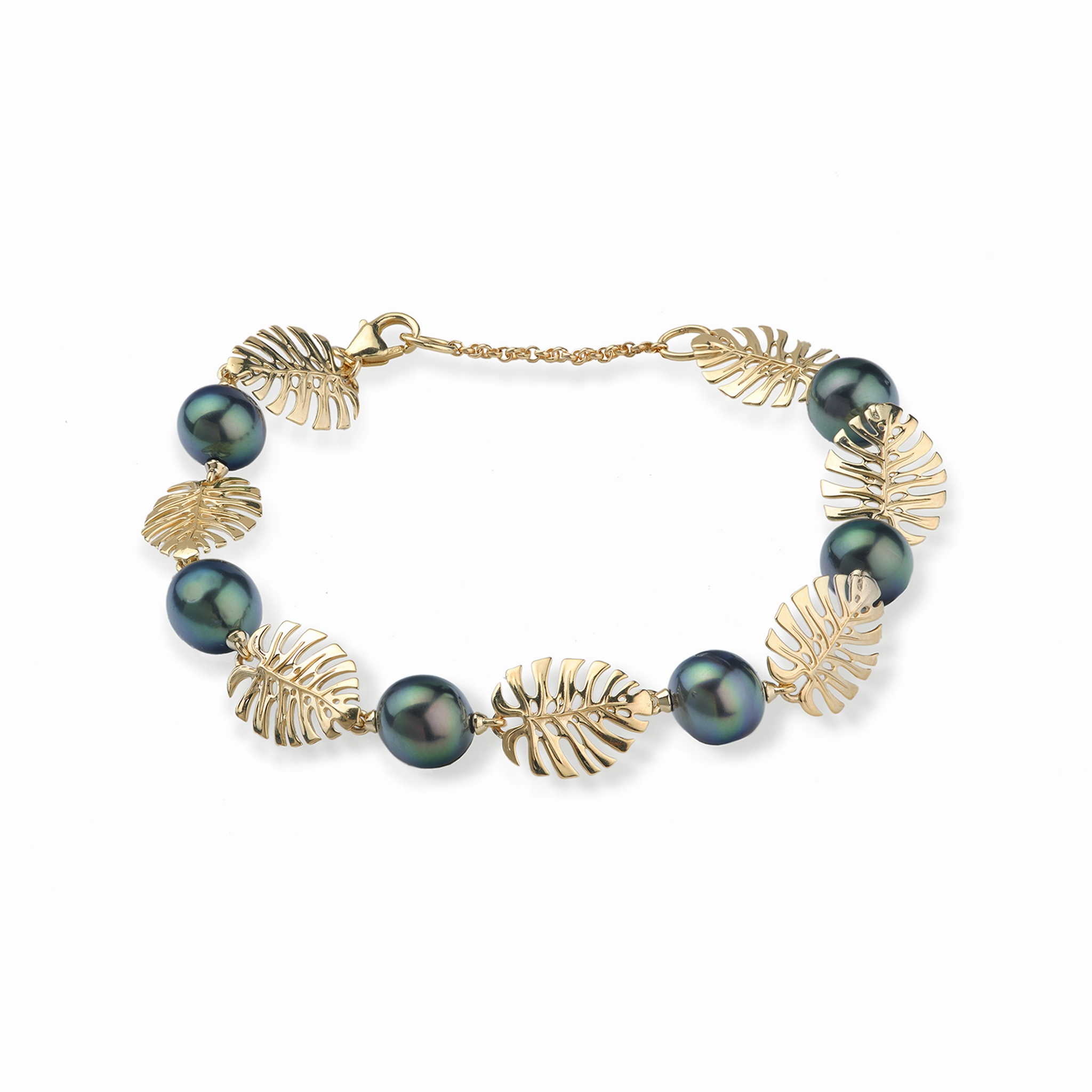 7.5-8.5" Adjustable Monstera Tahitian Black Pearl Bracelet in Gold - 8-9mm High Class