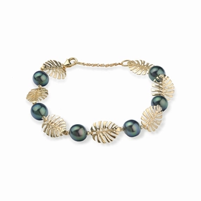 7.5-8.5" Adjustable Monstera Tahitian Black Pearl Bracelet in Gold - 8-9mm High Class